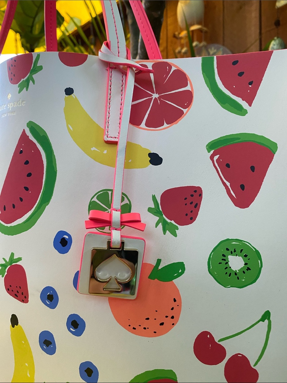 kate spade White Multicolor Fruit Print Tote with Pink Trim - Picture 2 of 12